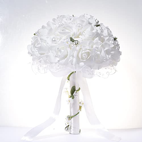 Uposao Bouquet Artificiel, Bouquet De Mariée Bouquet Mariage pour Mariée Mariée Demoiselle d'honneur Bouquet De Mariage Fait à La Main avec Ruban Diamant Mariée Tenant Fleur Décoration Mariage