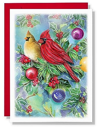 TUMYBee Red Cardinal Quilling Card, 5 x 7 inch, Christmas Card with Bird Design, Handmade, 3D Paper Art, Ready to Gift