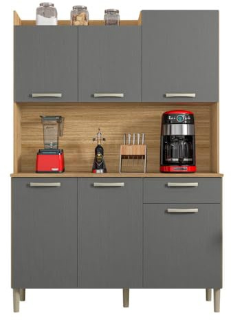 Buffet de Cuisine 6 Portes 1 Tiroir Chêne et Gris L 121.5 H 176 P 36.3 cm