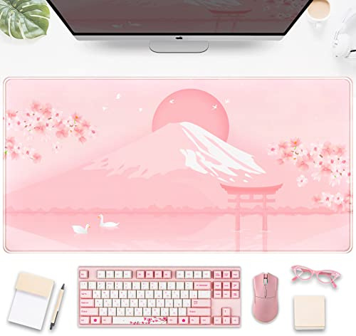Körsbärsblom musmatta Kawaii rosa blommig skrivbordsmatta, japansk pastell Sakura stor anime spelmusmatta XXL, söt estetisk montering Fuji Japan tangentbordsmattor för kvinnor kontor
