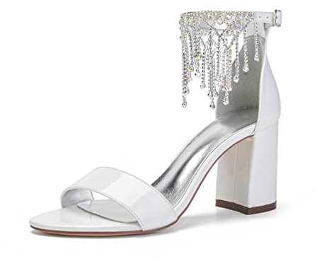 TOJUMP Sandales à talons multicolores pour femme - Talon bloc - Pompon - Sandales à talons hauts avec bout ouvert - Pour mariage, fête de mariage, chaussures d'été, blanc, 7 US