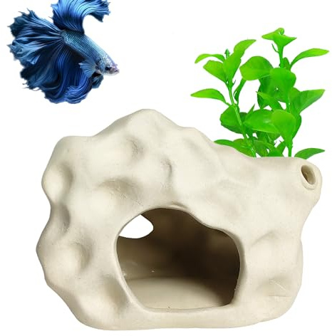 SpringSmart Akvariedekor berggrotta för fisk räkor sköldpaddskrabba, Betta akvarium konstgjord växt, dekor keramisk dold sten, fiskskål landskap rock