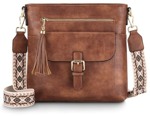 Kasgo Sac Bandoulière Femme, Élégant Multi-poches Sac a Main Femmes Bandouliere en Cuir PU Moyenne Vintage Sac Porté Épaule avec Large Sangle Amovible pour Voyage Travail Université Marron