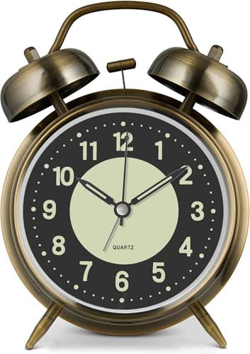 Reloj despertador fuerte para adultos que duermen pesadamente, de metal, de 4 pulgadas, funciona con pilas, para decoración de dormitorios, silencioso, sin tictac (bronce)