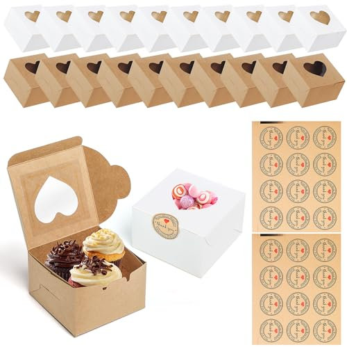 TAIXING 20 Stück Cupcake Box, 4 Inch Braun/Weiß Cupcake Boxen mit Durchsichtigen Fenster und 24 Aufkleber, Faltbare Kuchenbox Pappe für Kekse Kuchen Dessert Geschenke, für Hochzeit Festival Geburstag