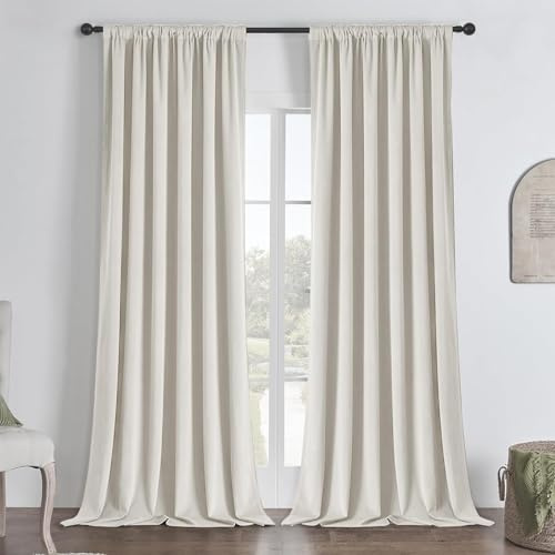 Joydeco 100 % ogenomskinliga sammetsgardiner med veckband set om 2 stycken H 245 x B 132 elfenben skensystem, skjutgardin, mörkläggning, termisk gardin, köldskydd, gardiner, sovrum, vardagsrum