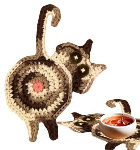 Absorberande ullunderlägg med kattform för drycker, virkade drinkunderlägg | stickade underlägg för soffbord inflyttningspresent