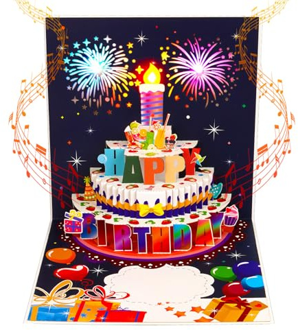Birthday Cards,Lights & Sound 3D Pop Up Birthday Card,Happy Birthday Card,Birthday Gift Card for Women Men Kids Husband Wife Girl Boy,Greeting Cards,Envelopes,Message Cards