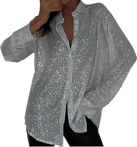 Magliette Con Paillettes Donna Elegante Argento Manica Lunga Magliette Brillantini Natale Maglietta Curvy Cardigan t-shirt Maglia Taglie Forti Strass Camicia Sera Glitter Oro Blusa Capodanno Tops