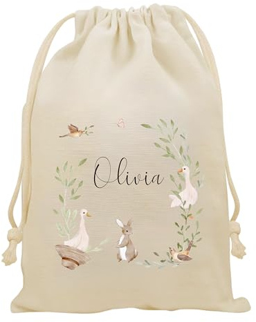 HotScamp Personalised Drawstring Sack – Custom Name Gift Bag for Kids Woodland Creature Animal Wreath Cute Illustration for Easter Birthday Dance School Children's Bedroom - Canvas Cotton Small