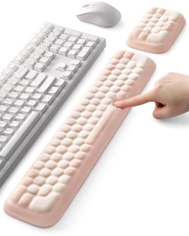 MEATANTY Alfombrilla ratón con reposamuñecas & teclado – Set ergonómico de espuma viscoelástica, transpirable y antideslizante, para oficina o gaming, diseño oro champán & blanco crema