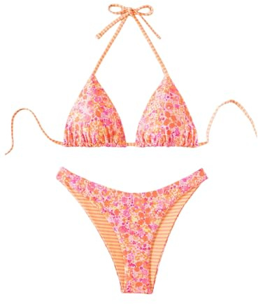 WDIRARA Women's 2 Piece Floral Striped Bikini Set Halter String Thong Swimsuit High Cut Bathing Suit Multicolor Large