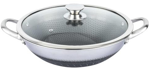 4BIG.fun Asia Wok Poêle wok en acier inoxydable 40 cm anti-adhésive avec couvercle en verre Passe au four à induction