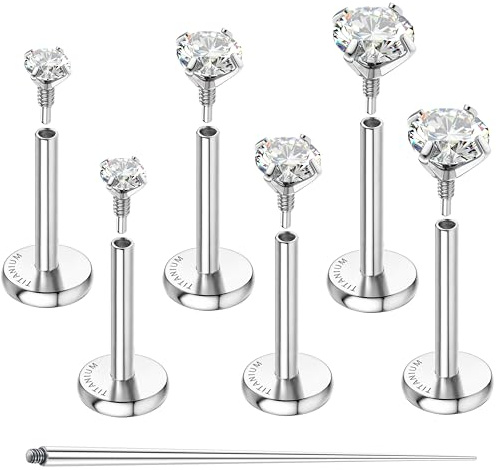 GEMQUEEN Flat Back Earrings Hypoallergenic - G23 Titanium Internal Thread Stud Earring Set 18G Cartilage Helix Tragus Conch Medusa Piercing Jewelry Dainty Nose Lip Labret Studs for Women Men Trendy