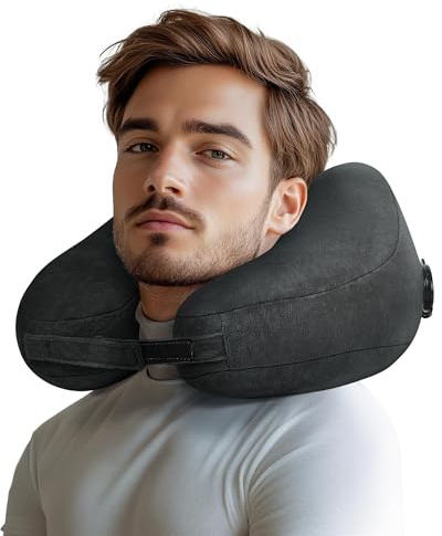 LeKuni Cuscino da viaggio per collo aereo con fodera in velluto, cuscino gonfiabile per auto/treno/aereo, accessori da viaggio per adulti e bambini (nero)