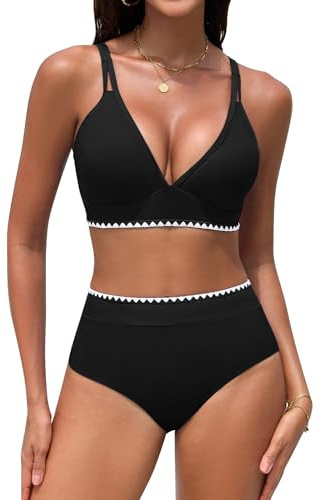 UMIPUBO Bikini Mujer Cintura Alta Push Up Cuello En V Bañadores Traje De Baño 2 Piezas Pliegues Reductores Control Abdominal Talle Alto Sexy Detalles De Concha Biquinis Conjunto