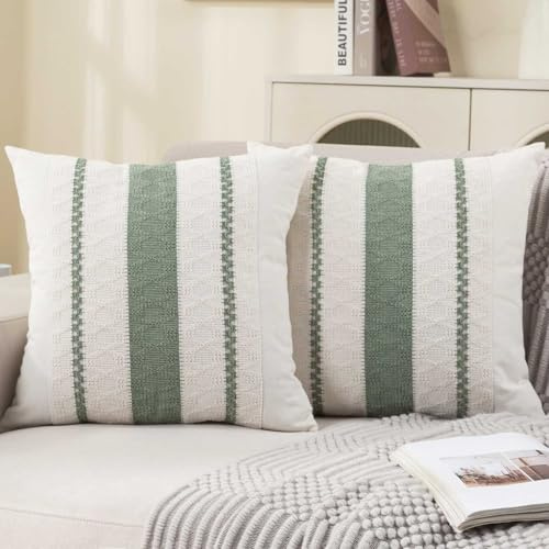 Avalune Fundas Cojines 40x40 Boho Algodón Lino Verde Salvia Blanco Funda Cojin Sofa Textura Tejida Bohemia Decorativa Funda de Almohada para Sofá Cama Sala de Estar Dormitorio Jardín