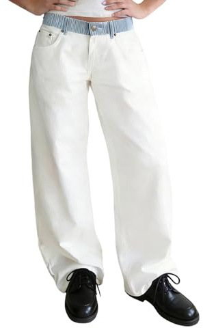 Jean taille haute pour femme - Pantalon en tissu - Pantalon long en coton - Pantalon de loisirs - Pantalon d'été Y2K Hippie - Élastique - Taille haute - Pantalon de course - Pantalon de course ample à