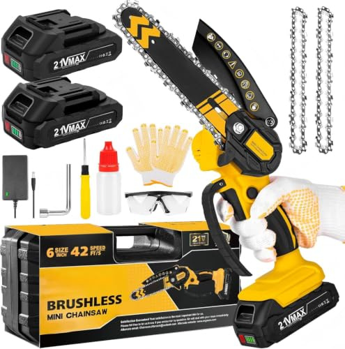 Mini Tronçonneuse à Batterie 6 Pouces, Tronçonneuse sur batterie avec moteur sans balais de 1000 W,Tronçonneuse Électrique Livré avec 2 batteries et 2 chaînes,Idéale pour coupe du bois et jardinage.