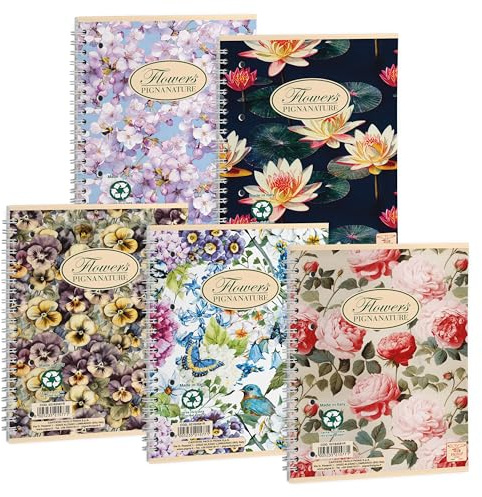 Pigna, Confezione 5 Quaderni Spiralati Nature Flowers,carta riciclata 80gr, A5 , con 4 fori e microperforazione, interno 1R,righe