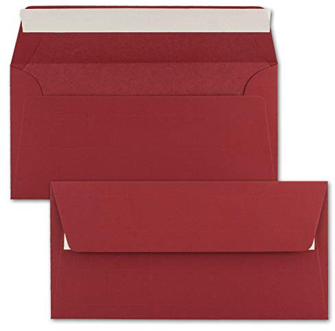 25x Briefumschläge DIN Lang 11 x 22 cm gerippt in Dunkelrot gefüttert mit rotem Seiden-Papier 110 g/m² Haftklebung