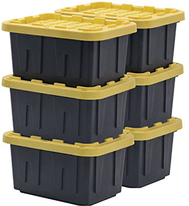 BLACK & YELLOW, 5-Gallon Heavy Duty Storage Bins with Lids, Stackable Plastic Storage Bins with Weather-Resistant Design, Home Organization, 6 Pack (8.6H x 12.3W x 16.4D)