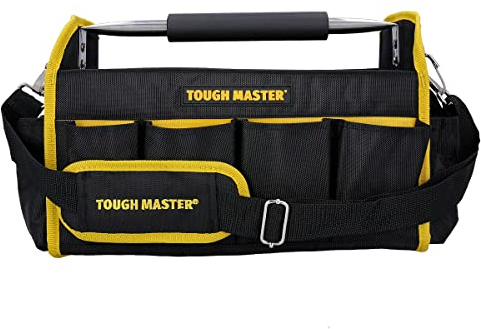 TOUGH MASTER Tool Bag Storage Bag 16 Heavy Duty Open Foldable 14 Pockets Large Tote Tool Bag with Removable Strap Steel Handle Rubber Feet Max Capacity 15 kgs for Electricians Technicians or Home DIY