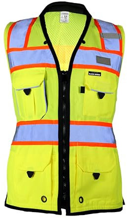 Kishigo Women's High Visibility Reflective Premium Black Series Heavy Duty Surveyors Vest S5021, Zipper Closure, Polyester, ANSI 107 Type R/Class 2, Multiple Pockets for Tools (Lime/Lime, S)
