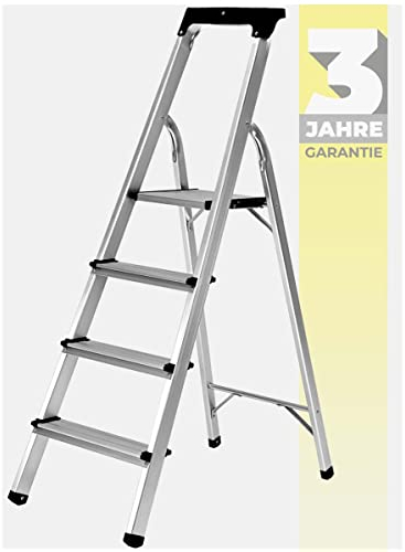 𝐂𝐑𝐀𝐅𝐓𝐅𝐔𝐋𝐋 Alu Stehleiter CF-133B | 𝟑 𝐉𝐀𝐇𝐑𝐄 𝐆𝐀𝐑𝐀𝐍𝐓𝐈𝐄 - Klappleiter mit Ablage - Haushaltsleiter - Aluleiter - 150 Kg - Leiter - Trittleiter klappbar - 3-6 Stufen (4 Stufen)