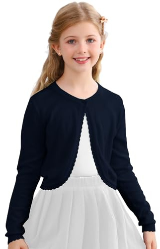 Soudittur Cárdigan Bolero de Algodón para Niña, Manga Larga y Cuello Redondo Chaqueta de Punto, para Ceremonias, Fiestas y Uso Diario (FR/ES, Edad, 7 años, 8 años, Azul Marino)