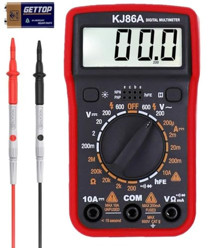 Multimètre, testeur de continuité, testeur de tension, testeur de batterie, voltmètre numérique, ohm, volt, ampèremètre, tension AC/DC, courant, résistance, diode, transistor, grand écran LCD et