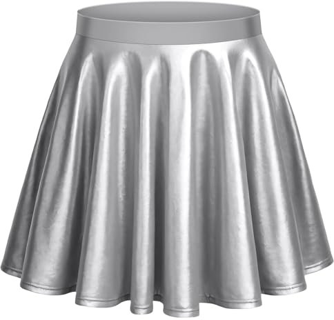Aomig Mädchen Basic Solid Vielseitige Metallischer Faltenrock Outfits Damen Kurze Informell Mini SkaterRock Silber Dehnbaren Glocken Rock Cosplay Party 80er Festival Kostüm Hohe Taille Plisseerock(XL)