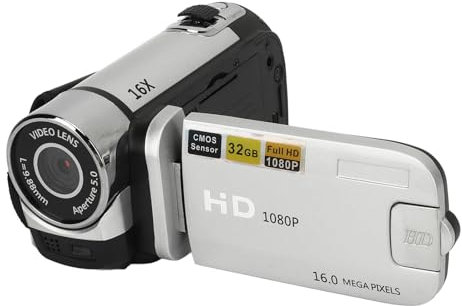MENDUNER Point and Shoot Camera, Vintage Kamera, Videokamera, 1080P 16MP Digitalkamera 2,4 Zoll Drehbarer Bildschirm Camcorder 16X Zoom HD Videorecorder mit Fülllicht (Silver)