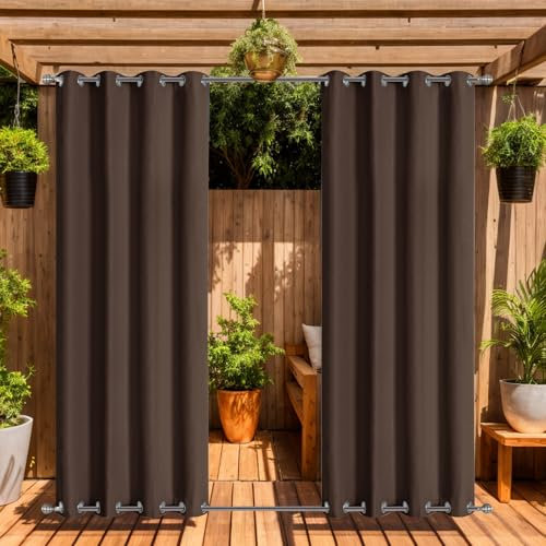 LiveGo Cortinas para exteriores impermeables con ojales (parte superior e inferior), 2 paneles de privacidad y protección UV, resistente al viento, para porche, pérgola, jardín, patio trasero (café
