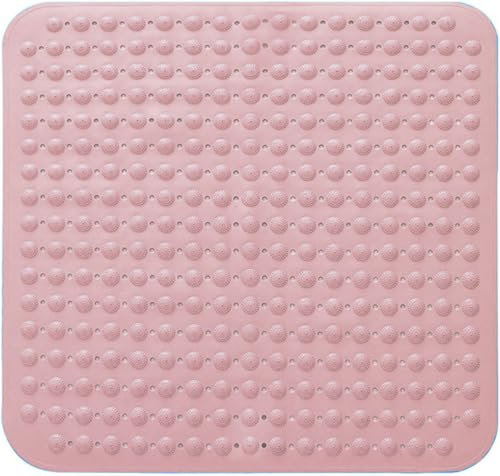 Tapis de douche 48 x 48 cm antidérapant carré, tapis de bain antidérapant, crochets de suspension et trous de drainage, rose