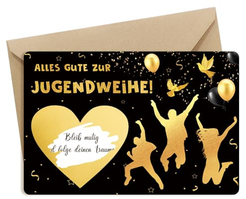 Happirra 3 Pcs Jugendweihe Karte, Karten Schwarzes Gold - Jugendweihe Geschenke Mädchen Junge, mit Rubbelaufkleber Umschlag Verpackung Set Wunschgutschein