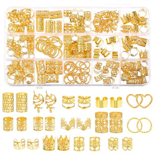 Wanmu 190 piezas de joyería para el cabello para trenzas, anillos de metal dorado para trenzas de pelo, ajustables, dijes de joyería para hombres, mujeres y niñas, accesorios para rastas, decoraciones