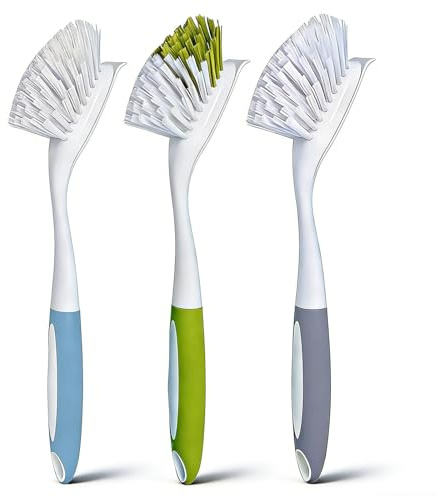 Dish Brush Scrub Brush with Handle - 3 Pack Stiff Bristles Dish Scrubber for Cleaning Dishes, Pots, Pans, Sink, Cast Iron - Hard Bristles,No Residue