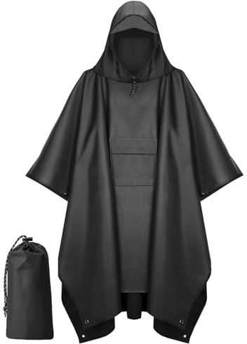 Houbobo Hooded Rain Poncho for Adults with Pocket, Waterproof Lightweight Raincoat Jacket for Men Women, Perfect for Outdoor Hiking Camping Emergency (Black)
