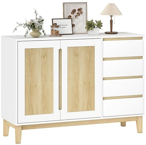 HOMCOM Buffet, Meuble de Rangement avec 2 Portes et 4 tiroirs, étagère réglable, Pieds en Bois de Caoutchouc, Style Nordique, Buffet Salle à Manger, Cuisine et Salon, 120 x 40 x 86 cm, Blanc et chêne
