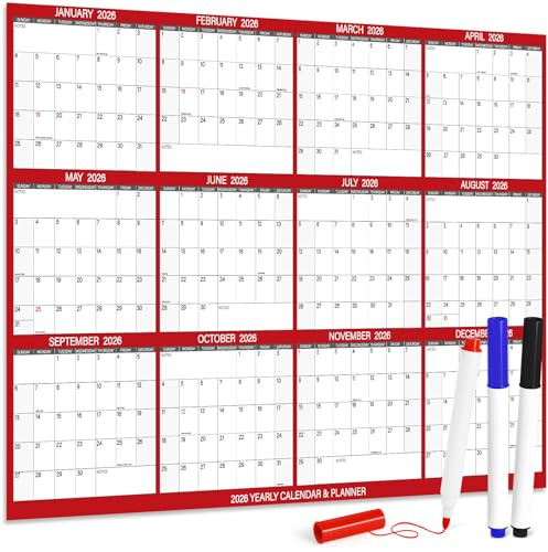 24 x 36 2026 Wall Calendar with 3 Pack Fineliner Color Pens, Large 12 Month Annual Yearly Planner, Erasable Wet & Dry Erase Laminated Calendar for Wall, Reversible, Horizontal/Vertical, Red