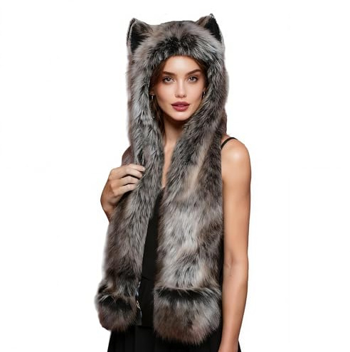 Winter 3 in 1 Faux Fur Animal Hat Wolf Bear Ear Hooded Hat with Scarf Paw Gloves Furry Hoodie Beanie Trapper Cap Russia Long Shawl Mittens Party Costume