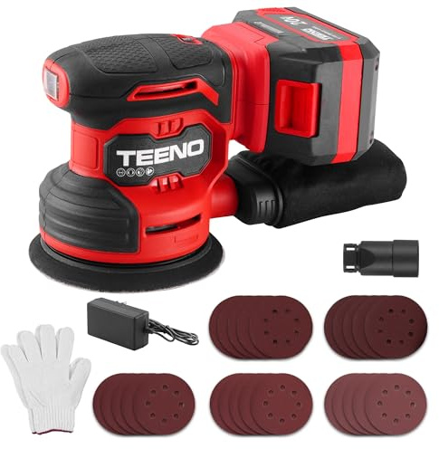 TEENO Levigatrice Orbitale a batteria 4A, Levigatrici Eccentriche senza fili 20V, Platorello 125 mm, 6000-12000 giri/min, 6 Velocità, 25 carte vetrate, Sacco Polvere