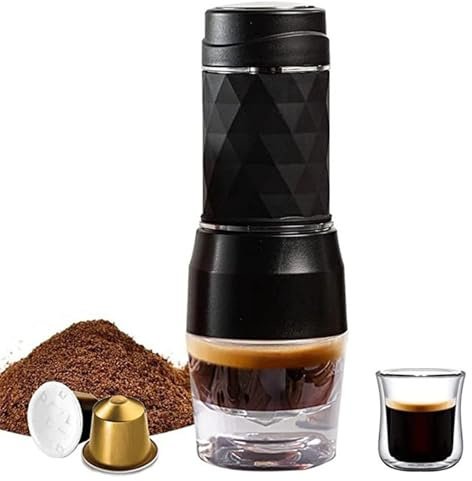 ERYUE Manuelle Tragbare Espressomaschine, 18 Bar Pumpendruck, Kompakt und Tragbar, für Büro, Edelstahl, Schwarz (Schwarz)