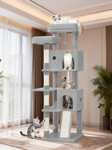 Fobyfurny Árbol Rascador para Gatos 152 cm, Árbol para Gatos de Varios Niveles con Postes Rascadores, Tabla Rascadora, 2 Cómodas Casetas, 2 Perchas, Pompones, Lugar de Descanso, Gris Claro FPMS004FG1