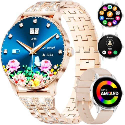 FitVigor Montre Connectée Femme (2 Bracelets), 1,32 AMOLED Montre Sport,Smartwatch avec 110+ Modes Sportifs/Étanchéité IP68/Fréquence Cardiaque/Compteur,Montre Femme pour iOS et Android,Doré