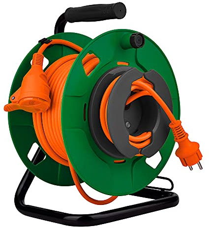 Zenitech – Wasserdichte Gartentrommel IP44, oranges Kabel 3G1,5 mm², 32+3 m, mit 16 A 2P+Erdungssteckdose mit Klappe und Schutzschalter