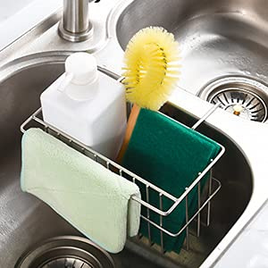 Wevapers Kitchen Sponge Holder, Dish Brush Holder, Slim Sink Organization/Draining Basket/Liquid Drainer/Water Trough Rack, Kitchen Essential Tools, 304-Stainless Steel (Silver)
