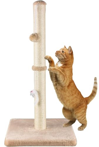 MeowHomm 32” Tall Cat Scratching Posts for Indoor Cats Adults with 2 Hanging Ball, Large Cat Scratch Post Cat Scratcher Includes Sisal Rope(Yellow)