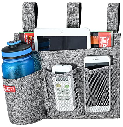 Zafit Linen Bedside Caddy, Bedside Storage Organizer for Hospital Beds, College Dorm Rooms or Baby Bed (4 Pockets-Grey)